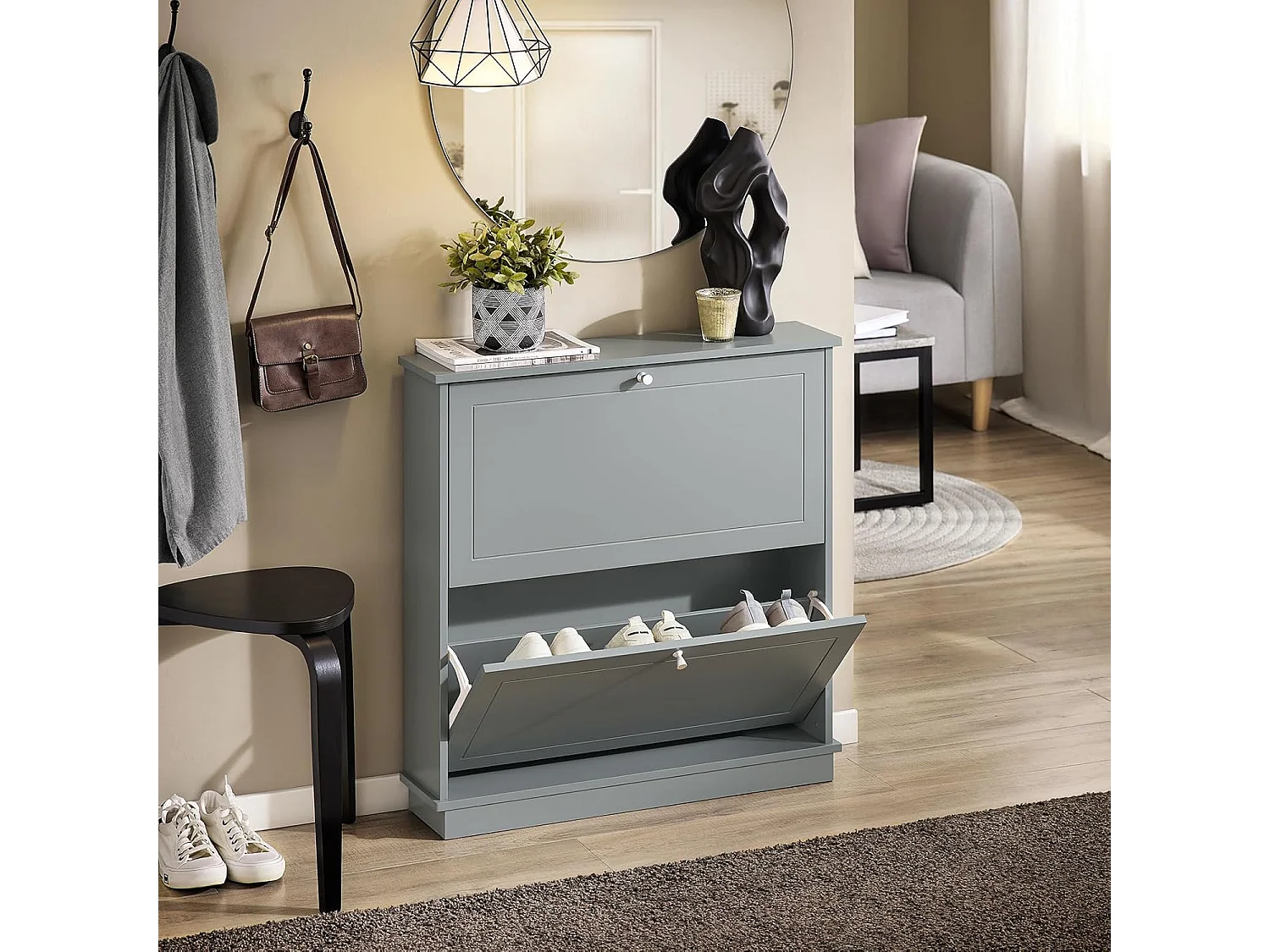 SoBuy FSR99-HG Meuble de Rangement à Chaussures, Armoire à Chaussures, Commode à Chaussures avec 2 abattants, Meuble d'entrée