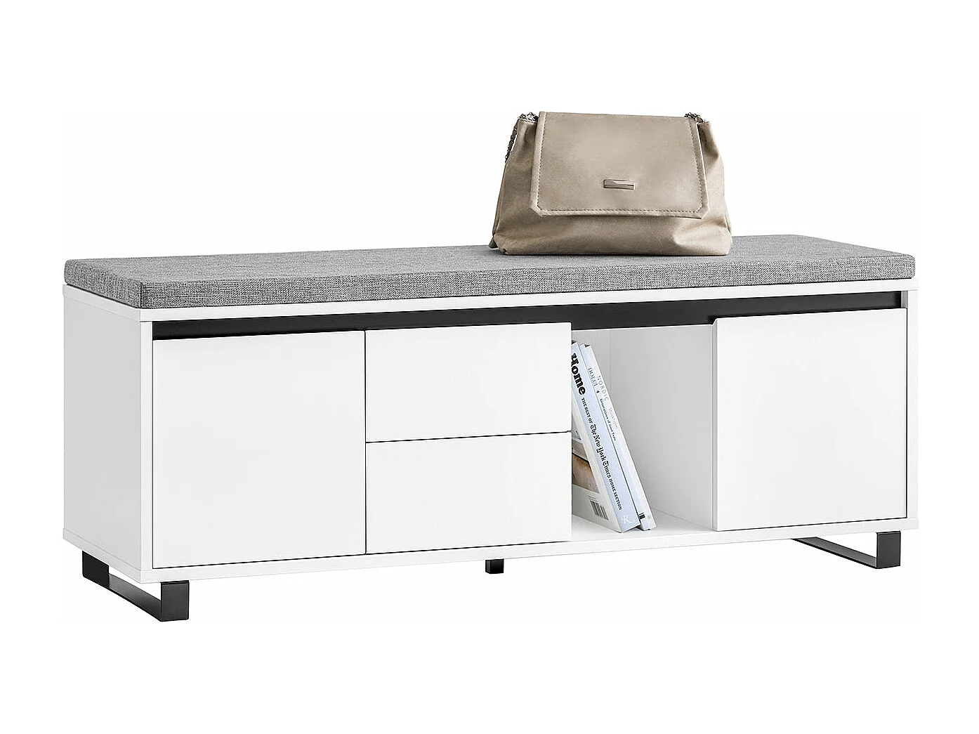 SoBuy FSR176-W Banc de Rangement, Banc à Chaussures, avec 1 Coussin Rembourré, 2 Tiroirs et 2 Portes pour Entrée