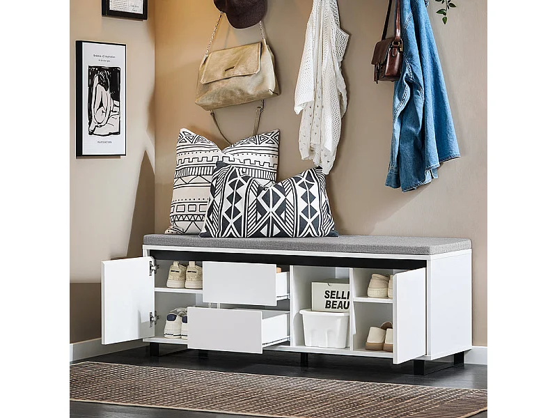 SoBuy FSR176-W Banc de Rangement, Banc à Chaussures, avec 1 Coussin Rembourré, 2 Tiroirs et 2 Portes pour Entrée