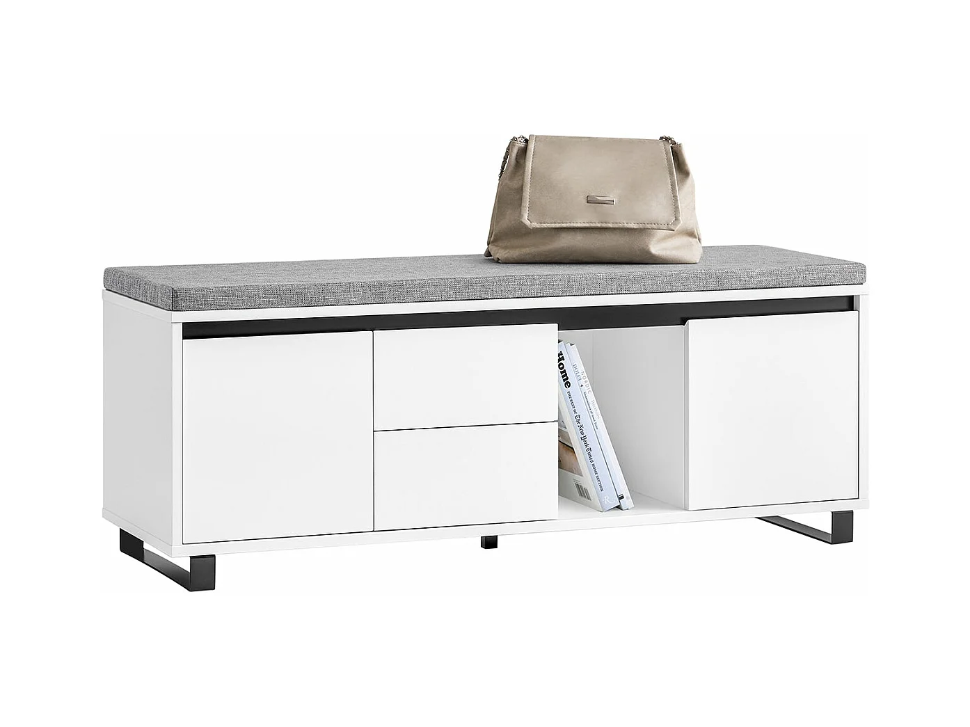 SoBuy FSR176-W Banc de Rangement, Banc à Chaussures, avec 1 Coussin Rembourré, 2 Tiroirs et 2 Portes pour Entrée