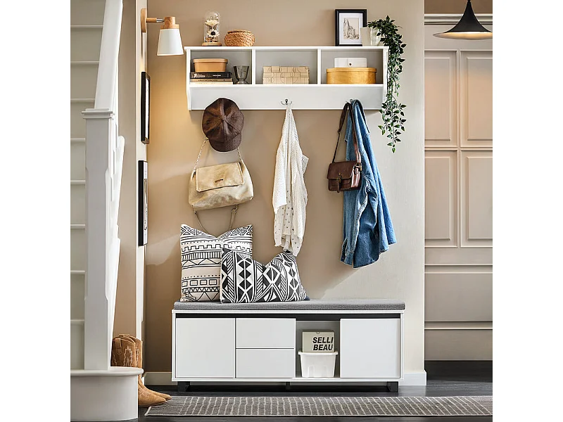 SoBuy FSR176-W Banc de Rangement, Banc à Chaussures, avec 1 Coussin Rembourré, 2 Tiroirs et 2 Portes pour Entrée