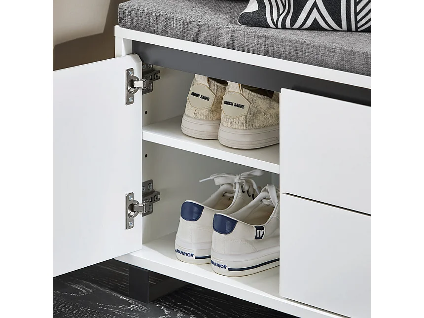SoBuy FSR176-W Banc de Rangement, Banc à Chaussures, avec 1 Coussin Rembourré, 2 Tiroirs et 2 Portes pour Entrée