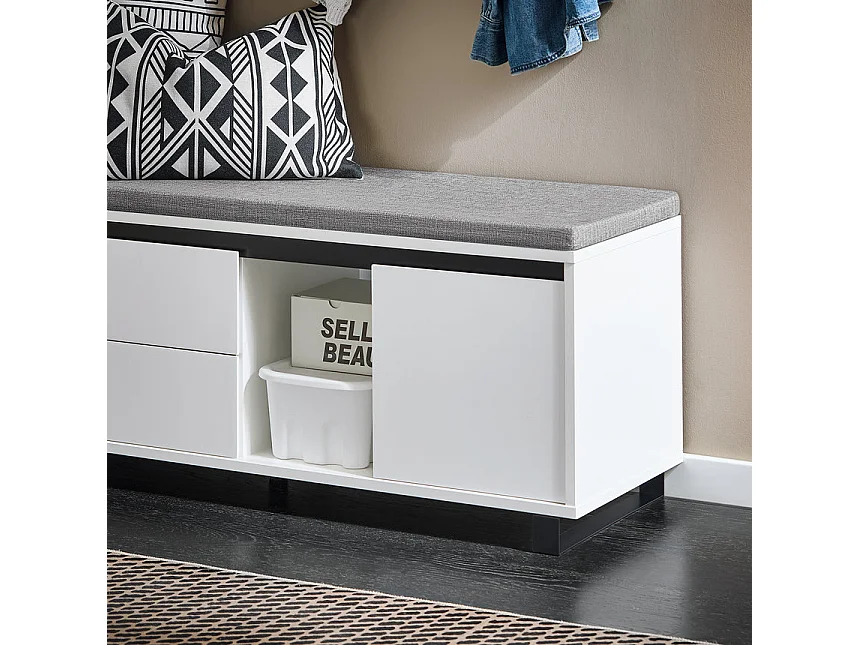 SoBuy FSR176-W Banc de Rangement, Banc à Chaussures, avec 1 Coussin Rembourré, 2 Tiroirs et 2 Portes pour Entrée