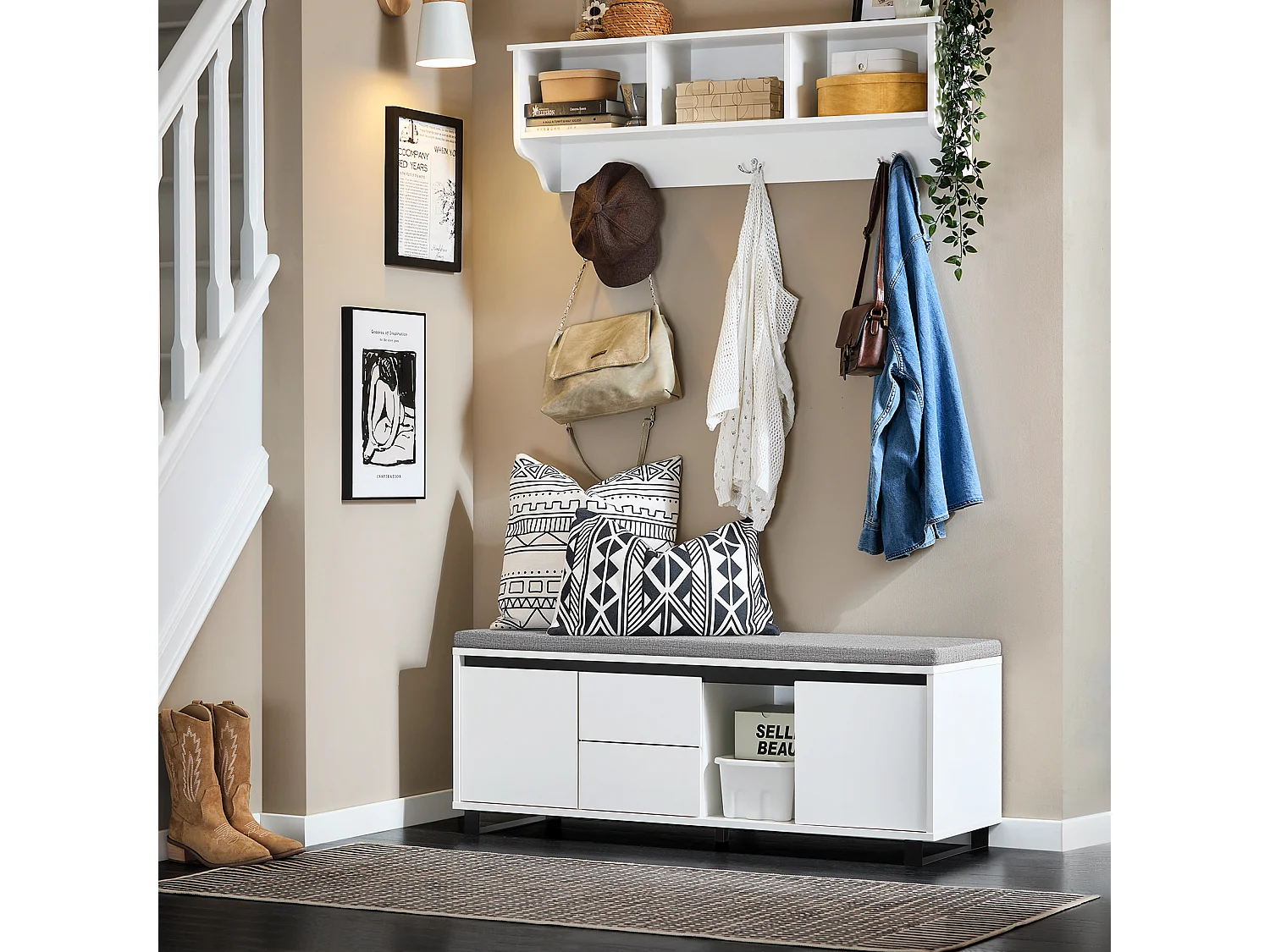 SoBuy FSR176-W Banc de Rangement, Banc à Chaussures, avec 1 Coussin Rembourré, 2 Tiroirs et 2 Portes pour Entrée