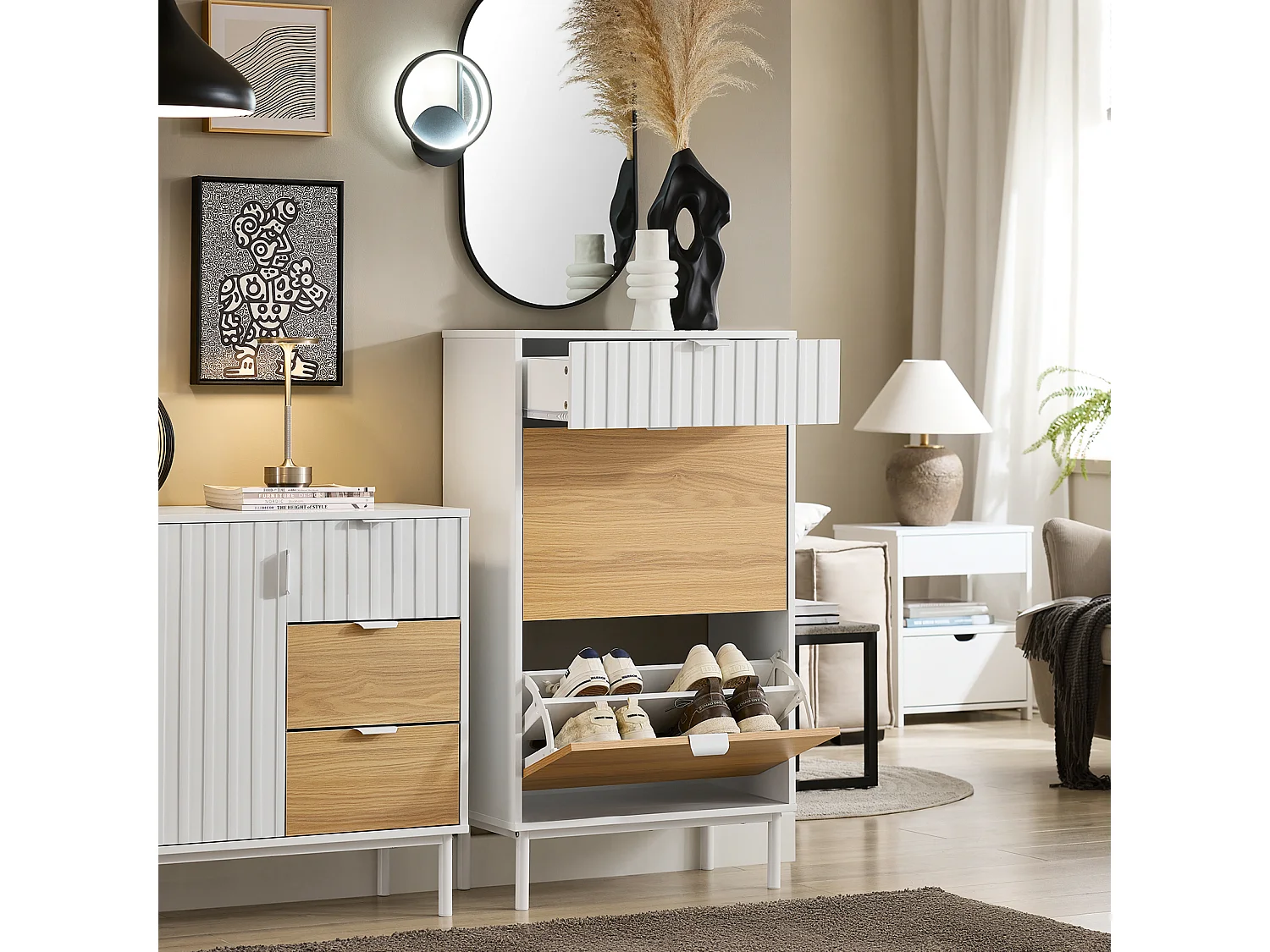 SoBuy FSR174-WN Meuble Chaussure, Rangement Chaussure, Meuble d'Entrée, Commode à Chaussures avec 2 Abattants et 1 Tiroir