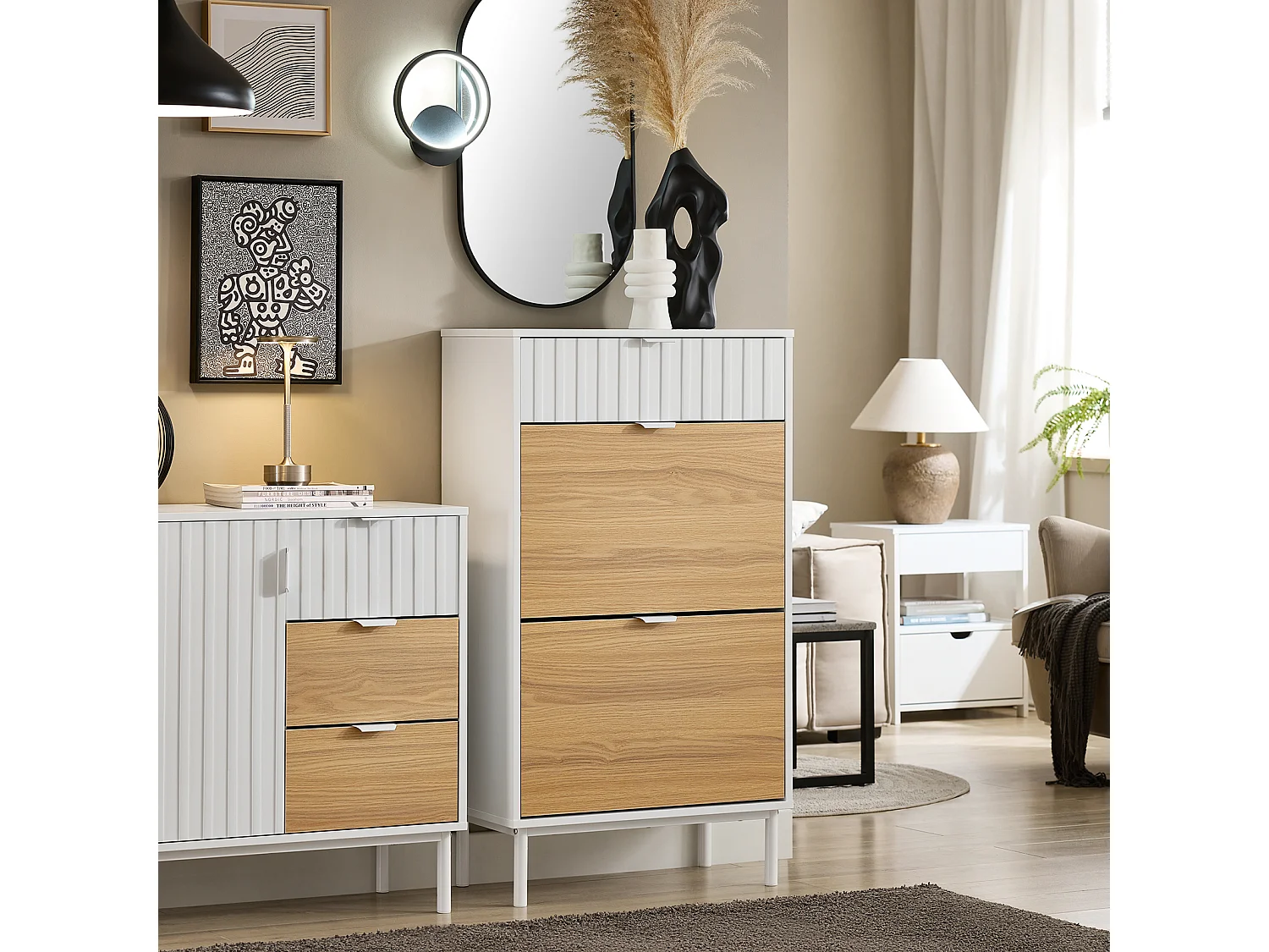 SoBuy FSR174-WN Meuble Chaussure, Rangement Chaussure, Meuble d'Entrée, Commode à Chaussures avec 2 Abattants et 1 Tiroir