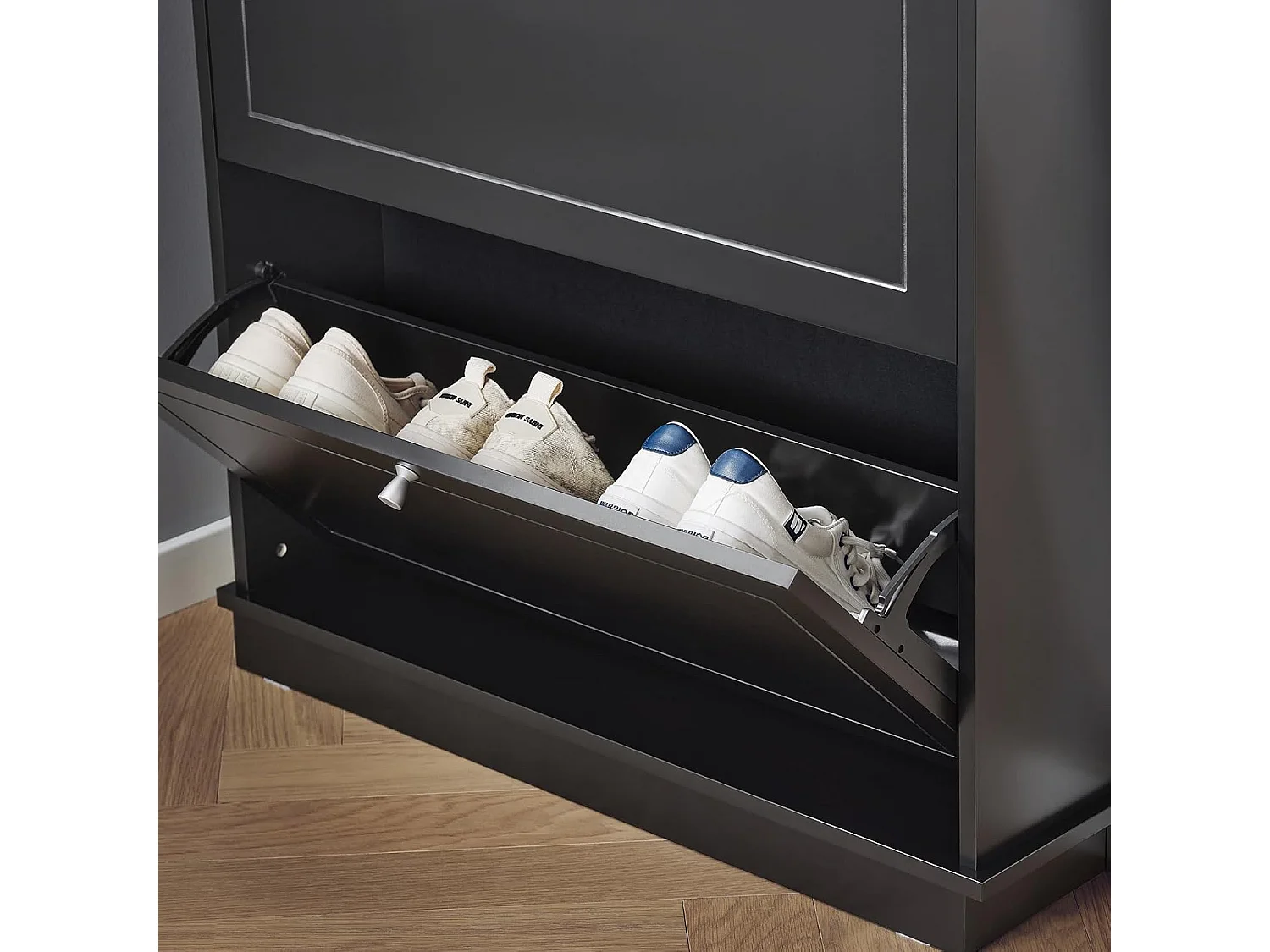 SoBuy Schoenenopberger, schoenenkast, schoenenkist met 2 kleppen, gangeenheid, schoenenopbergkist – grijs, 76x18x79cm, FSR99-SCH