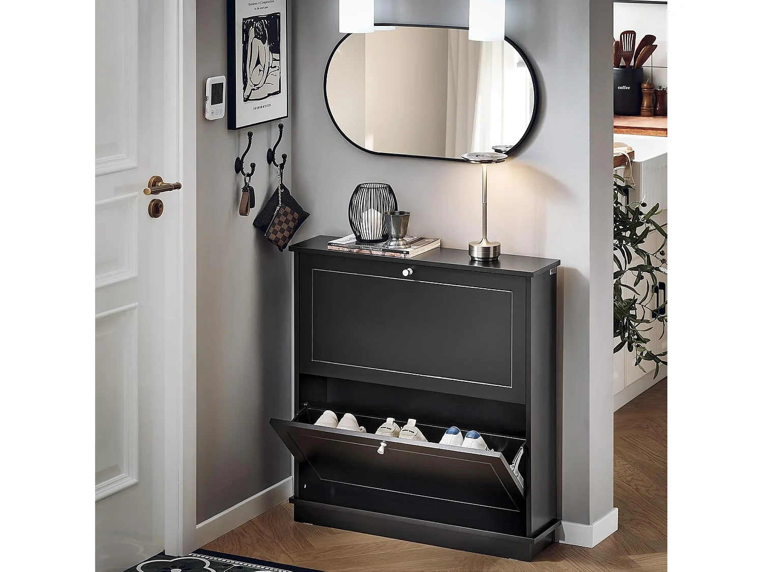 SoBuy Schoenenopberger, schoenenkast, schoenenkist met 2 kleppen, gangeenheid, schoenenopbergkist – grijs, 76x18x79cm, FSR99-SCH
