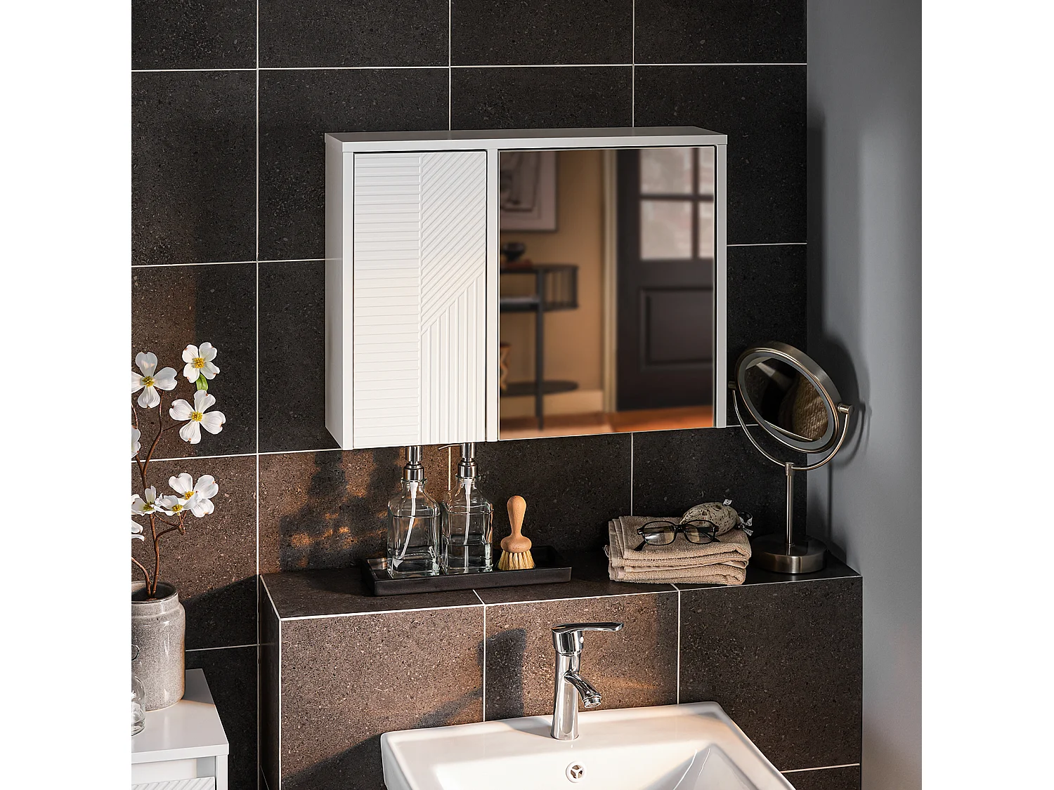 SoBuy Armadietto pensile per Bagno con specchio Mobiletto Bagno Pensile Mobilletto Bagno Parete Bianco 60x15x46cm BZR153-W