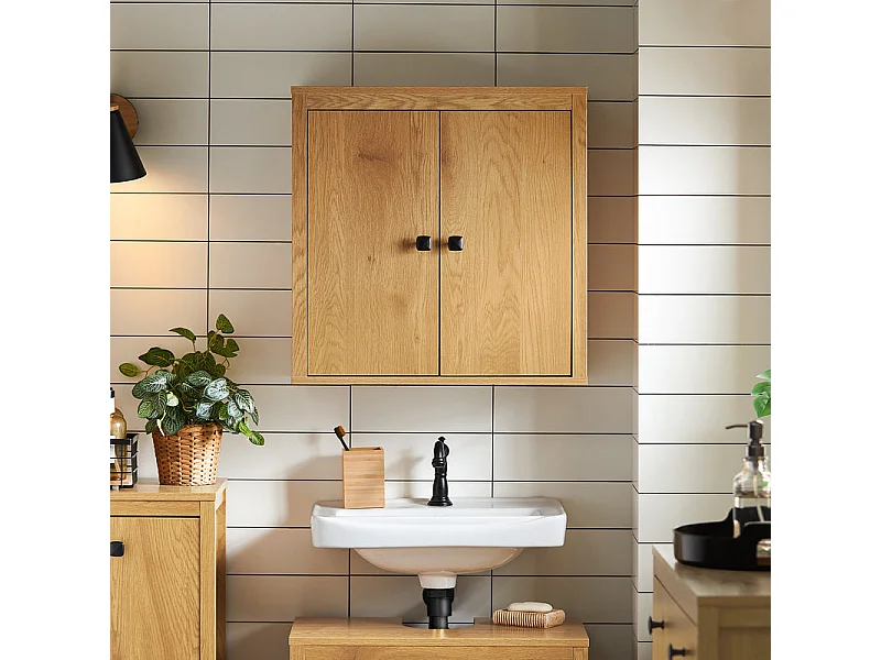 SoBuy BZR168-SN Armoire Murale, Placard de Rangement, Meuble de Rangement Suspendu Salle de Bain, Meuble Haut avec 2 Portes, 2 Étagères, 60x30x60 cm, Couleur Bois