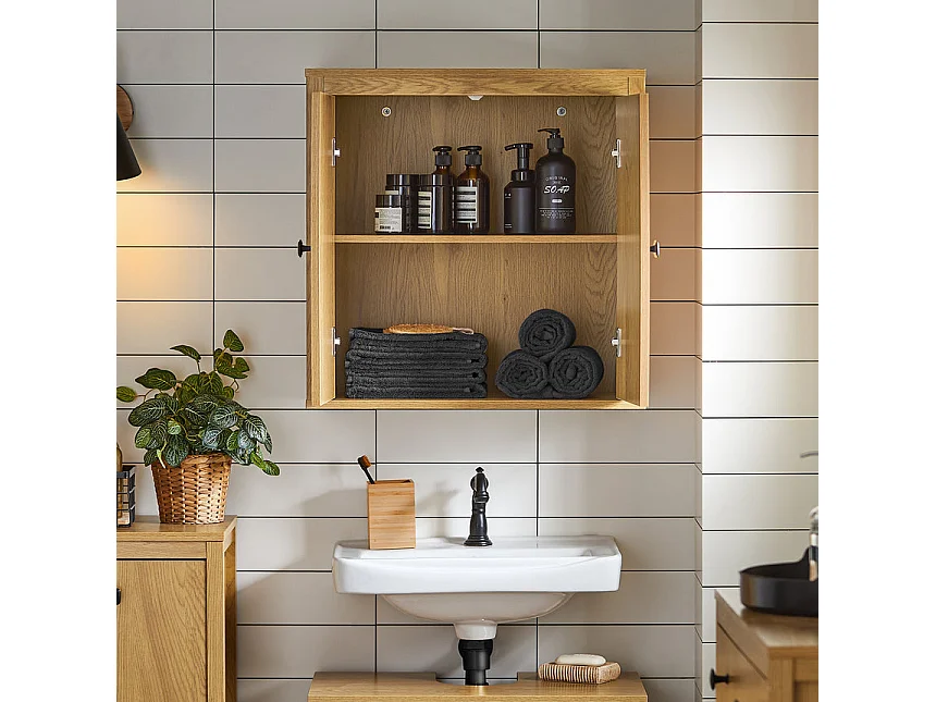 SoBuy BZR168-SN Armoire Murale, Placard de Rangement, Meuble de Rangement Suspendu Salle de Bain, Meuble Haut avec 2 Portes, 2 Étagères, 60x30x60 cm, Couleur Bois