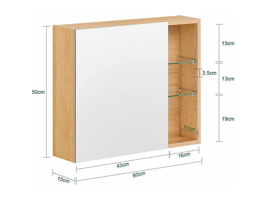 SoBuy BZR173-N  Armoire Murale avec Miroir, Placard de Rangement, Meuble Haut avec 1 Porte, Étagères Réglables, 60x15x50 cm