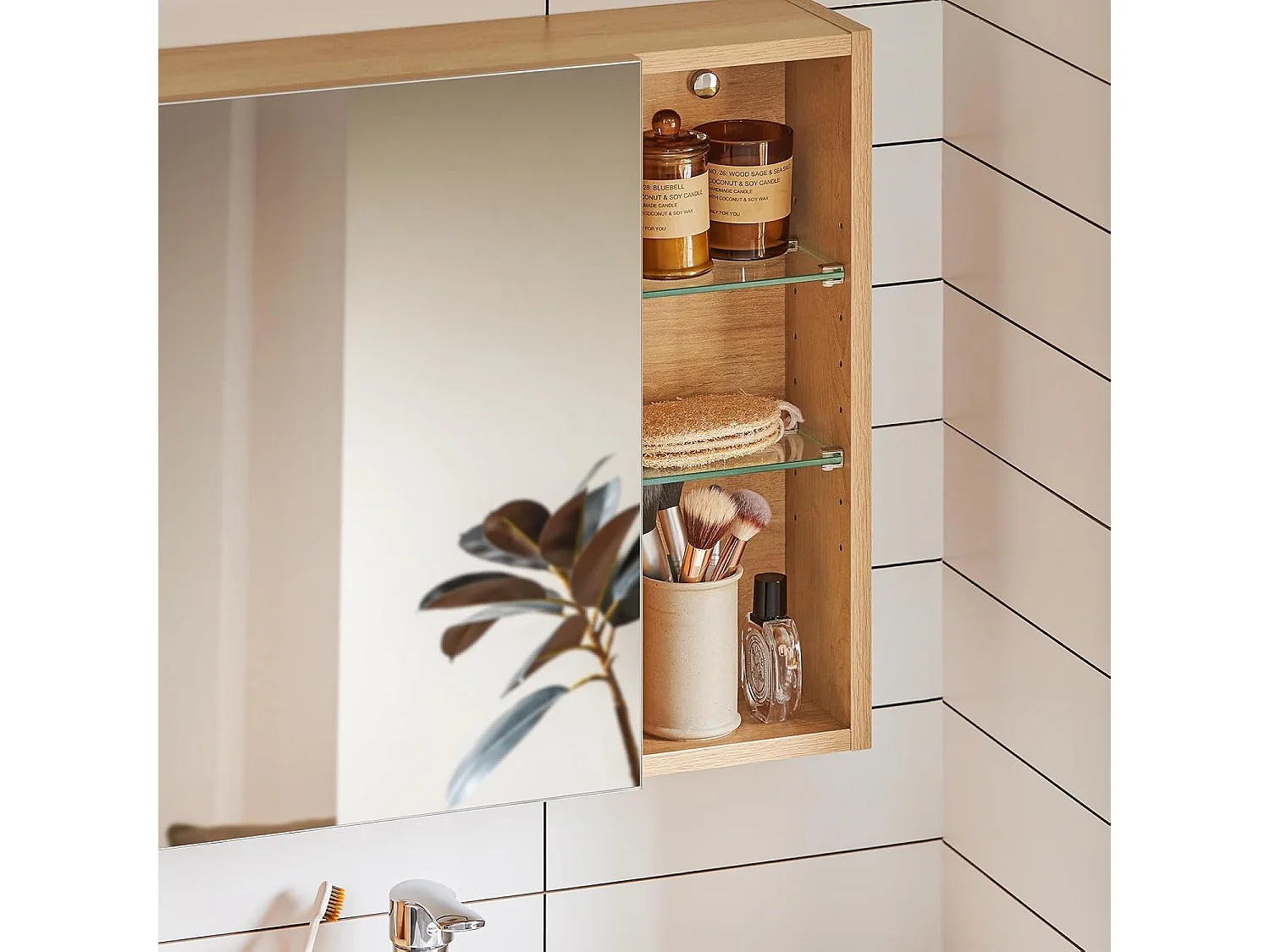 SoBuy BZR173-N  Armoire Murale avec Miroir, Placard de Rangement, Meuble Haut avec 1 Porte, Étagères Réglables, 60x15x50 cm