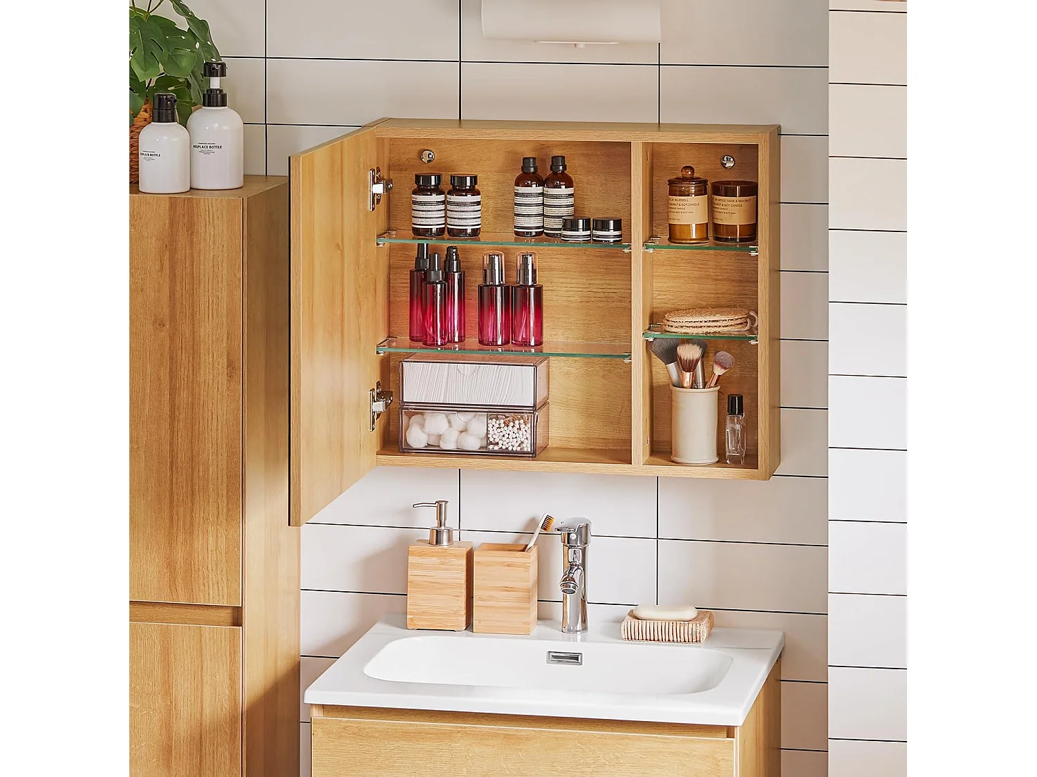 SoBuy BZR173-N  Armoire Murale avec Miroir, Placard de Rangement, Meuble Haut avec 1 Porte, Étagères Réglables, 60x15x50 cm