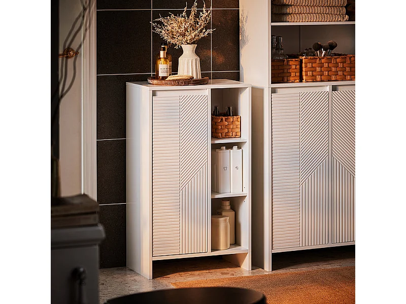 SoBuy BZR156-W Armoire à Linge avec Sac à Linge, Meuble Bas de Salle de Bain avec 1 Panier à Linge, 3 Étagères Ouverts