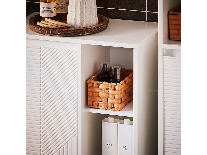 SoBuy BZR156-W Armoire à Linge avec Sac à Linge, Meuble Bas de Salle de Bain avec 1 Panier à Linge, 3 Étagères Ouverts