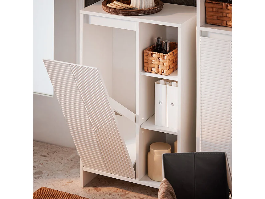 SoBuy BZR156-W Armoire à Linge avec Sac à Linge, Meuble Bas de Salle de Bain avec 1 Panier à Linge, 3 Étagères Ouverts