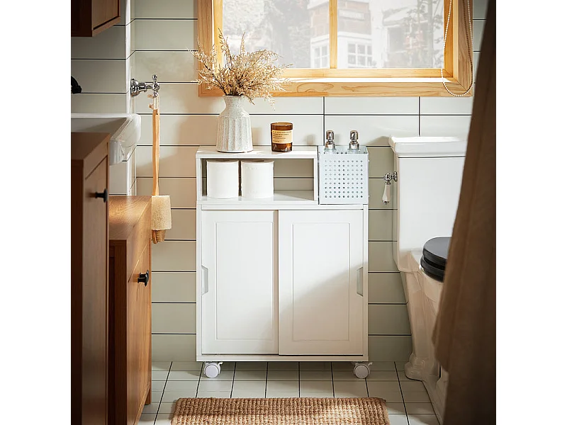 SoBuy Carrellino salvaspazio con due ante scorrevoli Mensola nicchia 17cm con ruote Mobile bagno porta carta Bianco 17X52X69cm BZR176-W