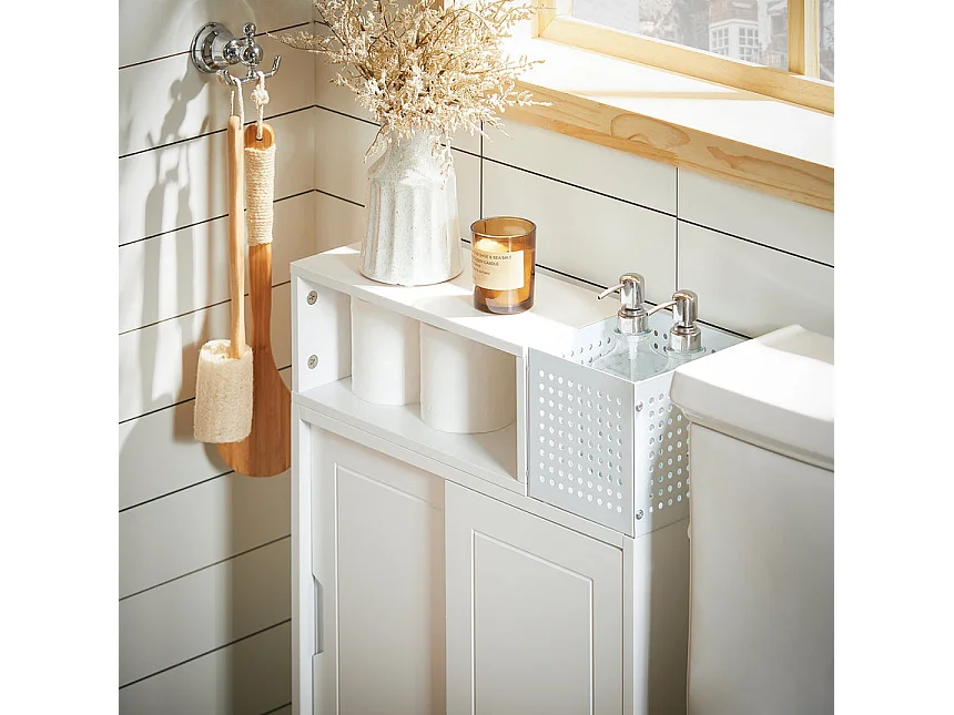 SoBuy Carrellino salvaspazio con due ante scorrevoli Mensola nicchia 17cm con ruote Mobile bagno porta carta Bianco 17X52X69cm BZR176-W