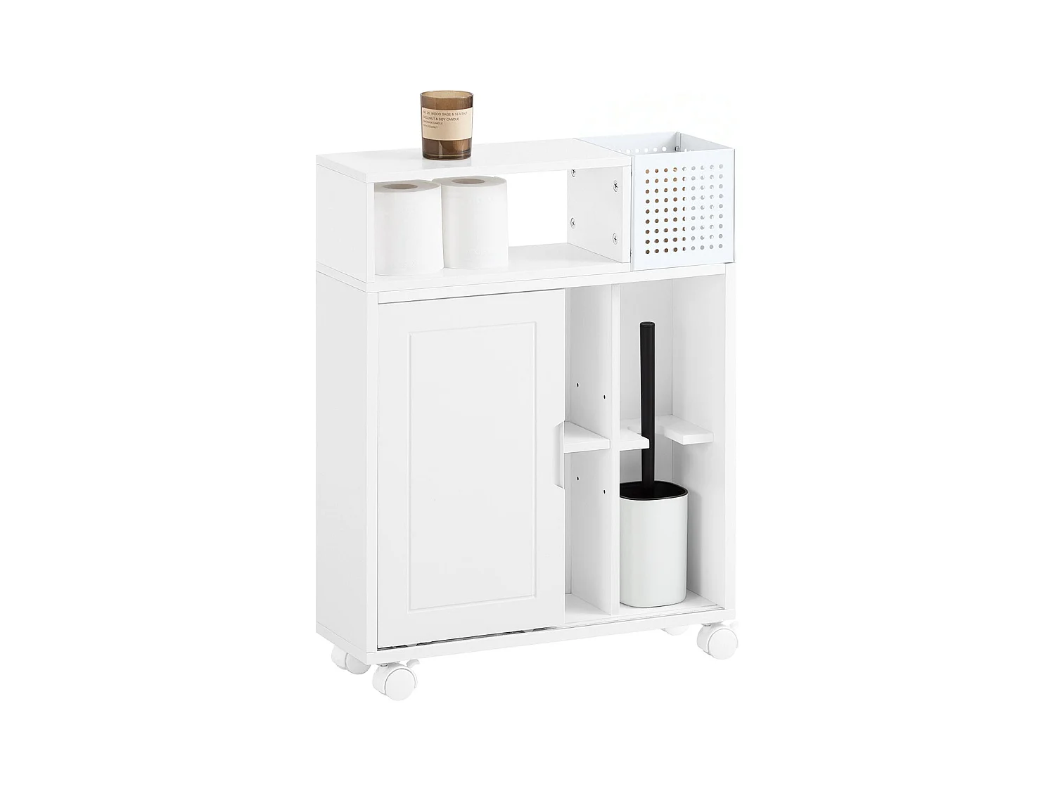 SoBuy BZR176-W Armoire Toilettes WC Support Papier Toilette, Armoire de Salle de Bain sur Roulettes, 2 Compartiments Ouverts