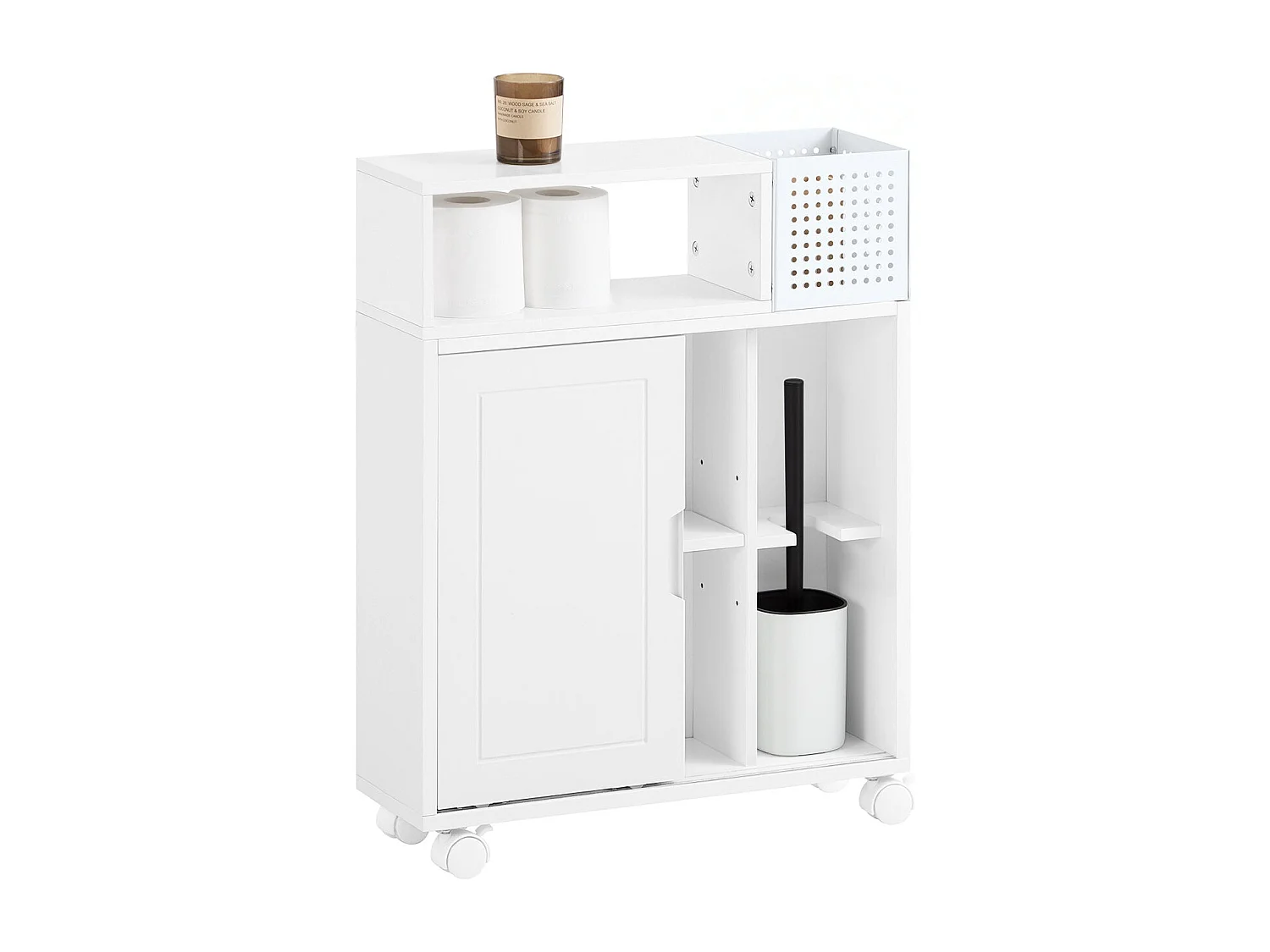 SoBuy BZR176-W Armoire Toilettes WC Support Papier Toilette, Armoire de Salle de Bain sur Roulettes, 2 Compartiments Ouverts