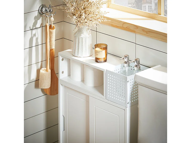 SoBuy BZR176-W Armoire Toilettes WC Support Papier Toilette, Armoire de Salle de Bain sur Roulettes, 2 Compartiments Ouverts