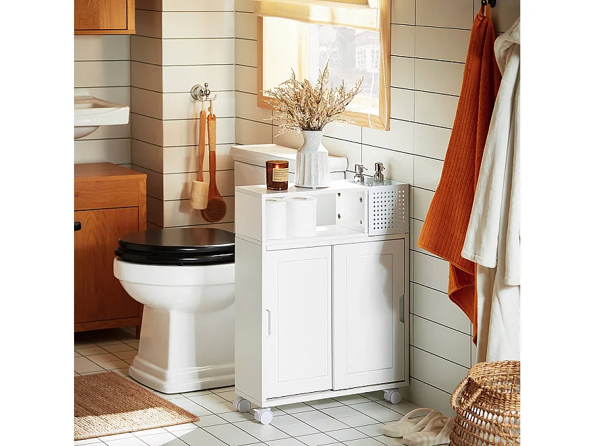 SoBuy BZR176-W Armoire Toilettes WC Support Papier Toilette, Armoire de Salle de Bain sur Roulettes, 2 Compartiments Ouverts