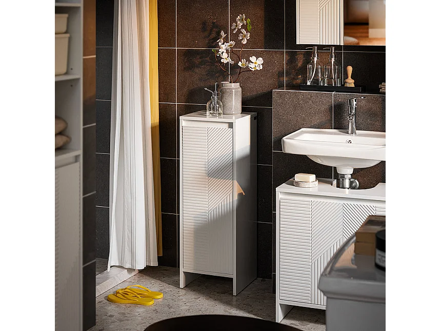 SoBuy BZR154-W Armoire à Linge Meuble Bas de Salle de Bain Corbeille à Linge Meuble de Rangement avec 1 Panier à Linge Amovible, Blanc, 30x30x87cm