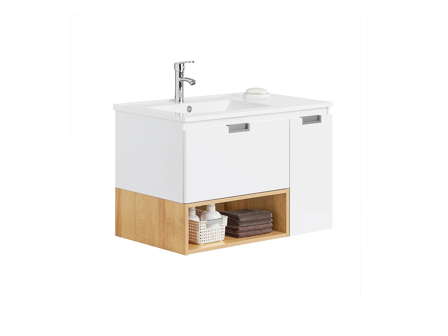 SoBuy BZR178-WN Meuble Suspendu pour Lavabo Armoire de Salle de Bain Vasque Ensemble de Lavabo en céramique, 1 Tiroir et 1 Porte