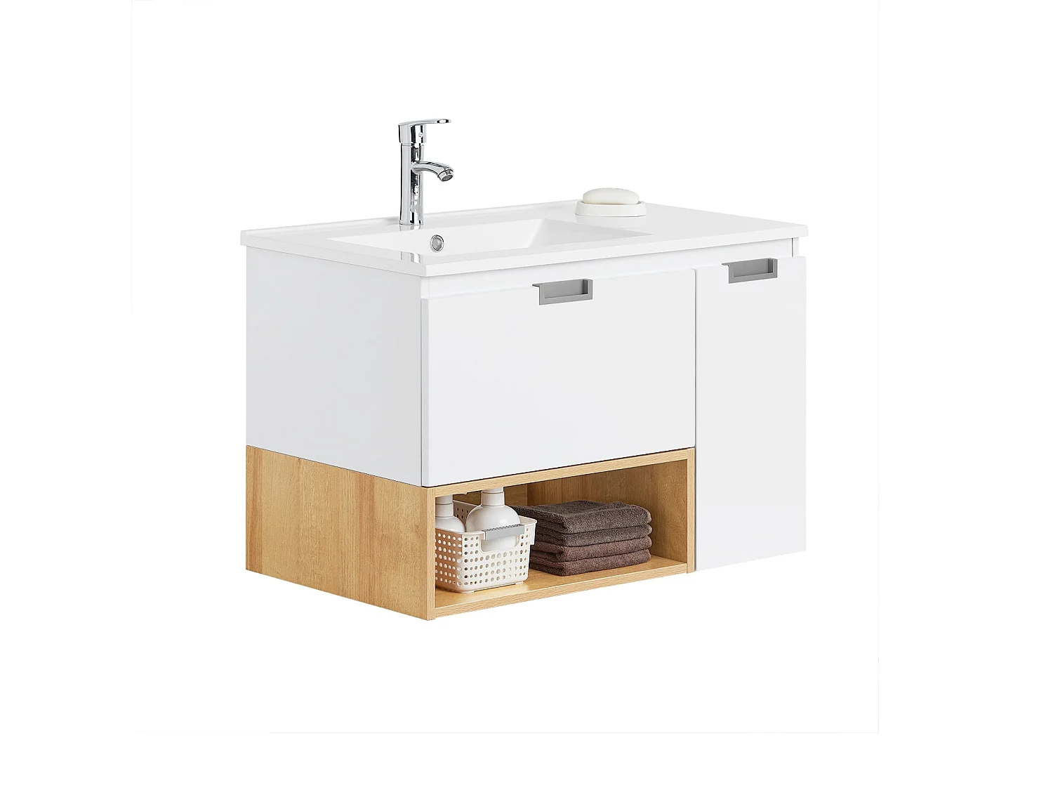 SoBuy BZR178-WN Meuble Suspendu pour Lavabo Armoire de Salle de Bain Vasque Ensemble de Lavabo en céramique, 1 Tiroir et 1 Porte