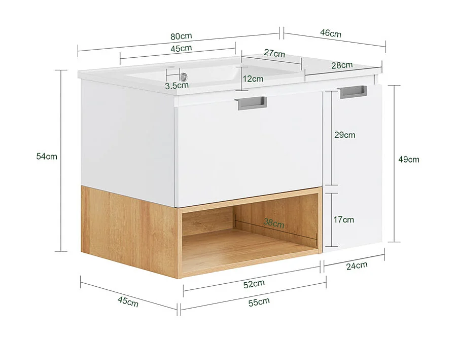 SoBuy BZR178-WN Meuble Suspendu pour Lavabo Armoire de Salle de Bain Vasque Ensemble de Lavabo en céramique, 1 Tiroir et 1 Porte