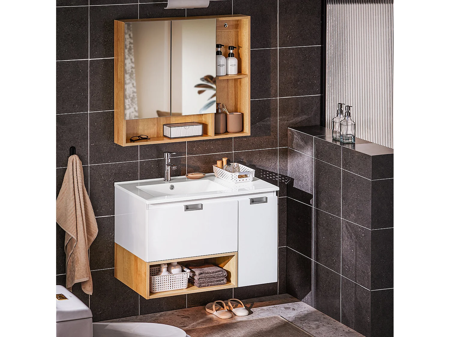 SoBuy BZR178-WN Meuble Suspendu pour Lavabo Armoire de Salle de Bain Vasque Ensemble de Lavabo en céramique, 1 Tiroir et 1 Porte