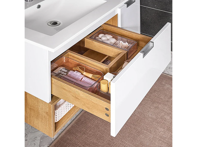 SoBuy BZR178-WN Meuble Suspendu pour Lavabo Armoire de Salle de Bain Vasque Ensemble de Lavabo en céramique, 1 Tiroir et 1 Porte