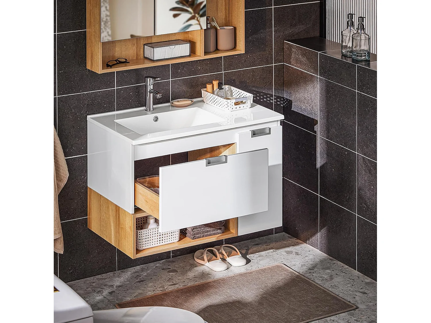 SoBuy BZR178-WN Meuble Suspendu pour Lavabo Armoire de Salle de Bain Vasque Ensemble de Lavabo en céramique, 1 Tiroir et 1 Porte