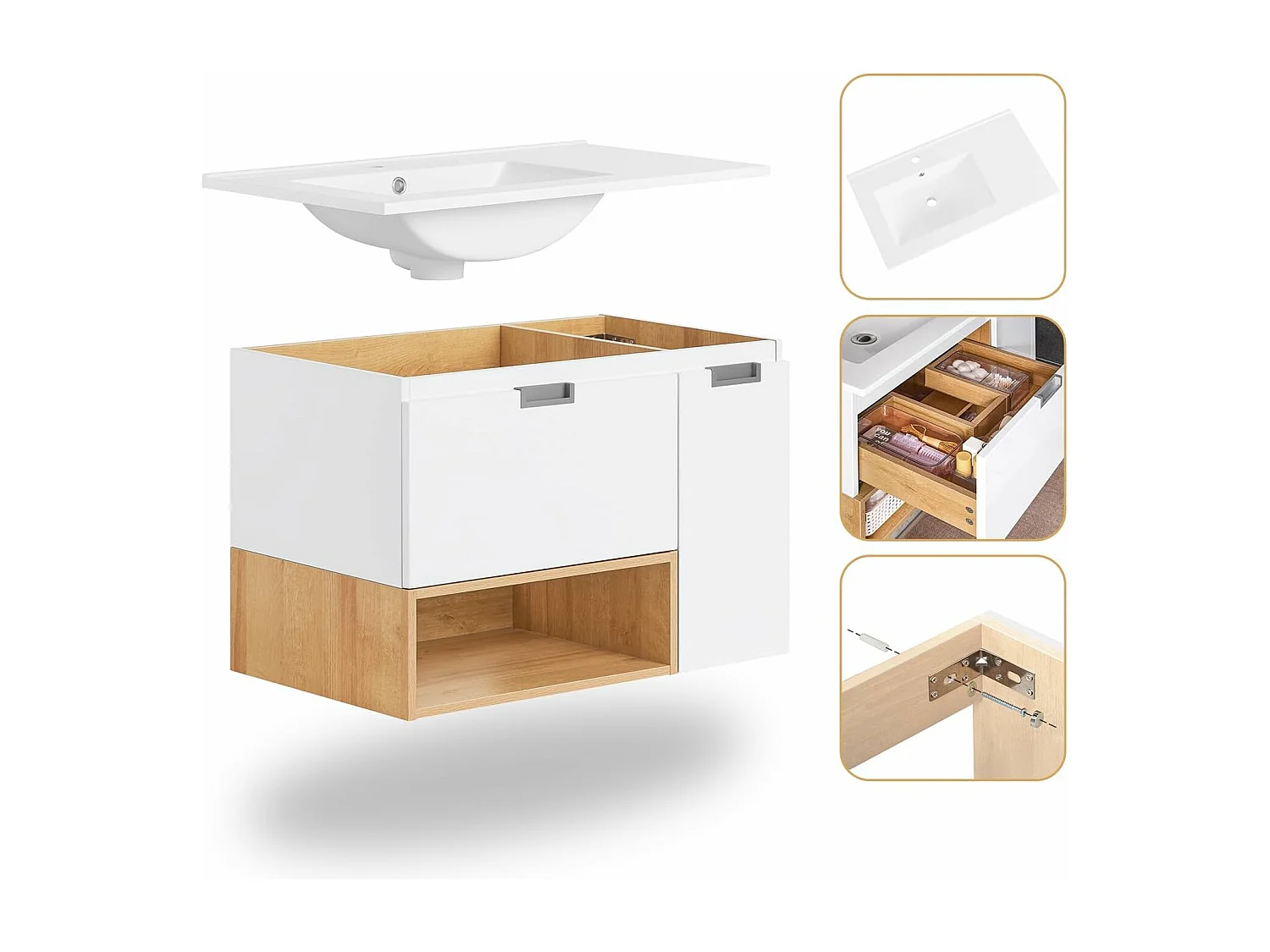 SoBuy BZR178-WN Meuble Suspendu pour Lavabo Armoire de Salle de Bain Vasque Ensemble de Lavabo en céramique, 1 Tiroir et 1 Porte