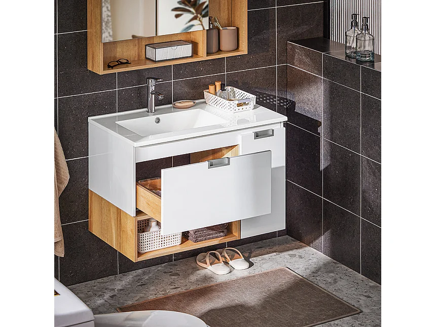 SoBuy BZR178-WN Meuble Suspendu pour Lavabo Armoire de Salle de Bain Vasque Ensemble de Lavabo en céramique, 1 Tiroir et 1 Porte