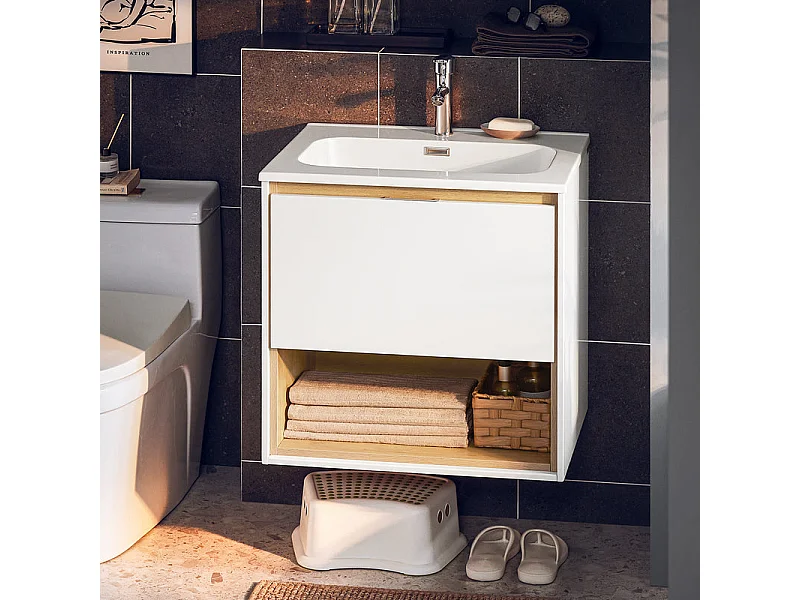 SoBuy Hangende wastafel Badkamerkast met wastafel Badkamermeubel met wastafel Keramische wastafelset, 1 lade en 1 vak, natuurlijk wit, 61x46x59cm, BZR171-N