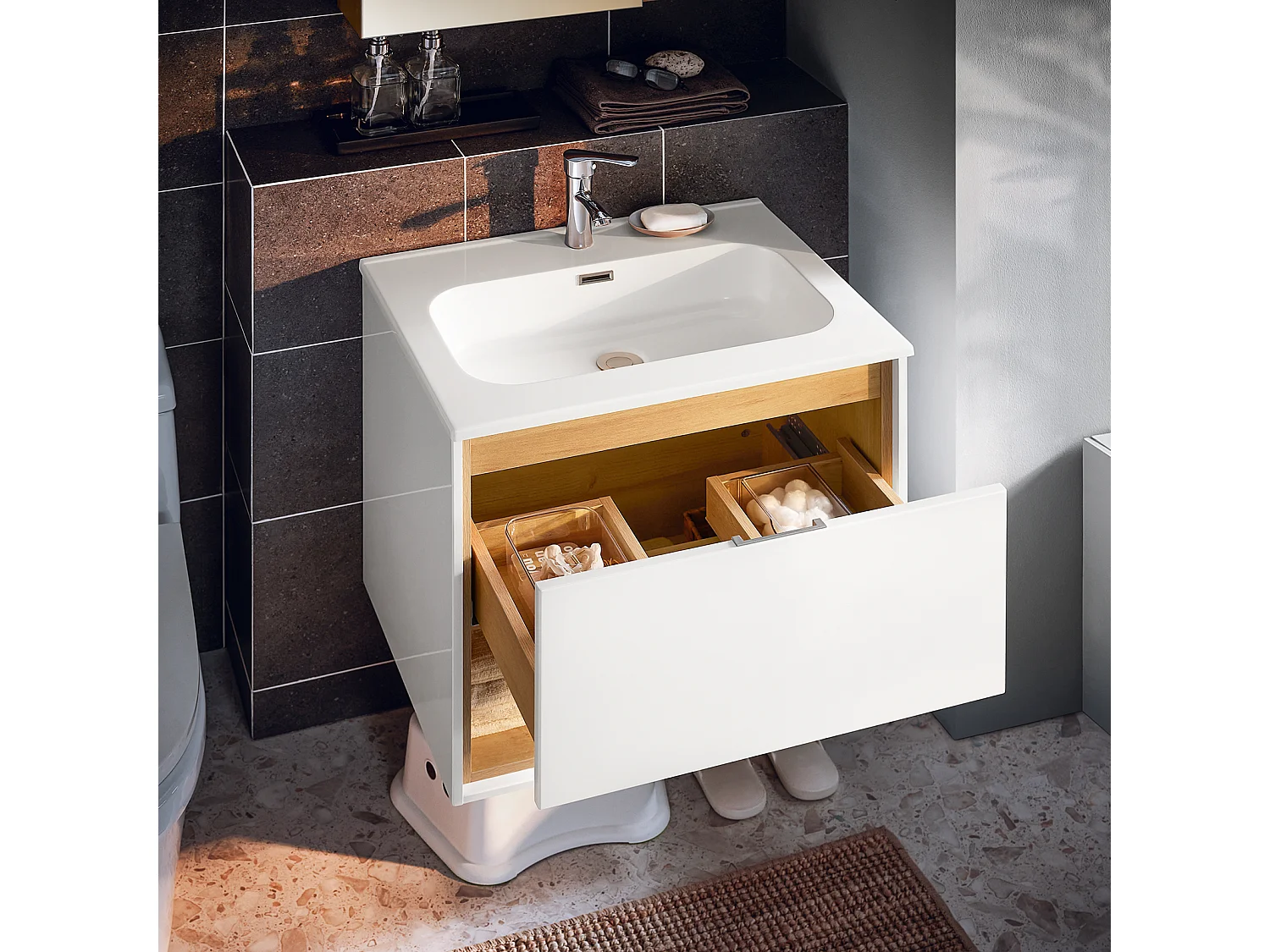 SoBuy Hangende wastafel Badkamerkast met wastafel Badkamermeubel met wastafel Keramische wastafelset, 1 lade en 1 vak, natuurlijk wit, 61x46x59cm, BZR171-N