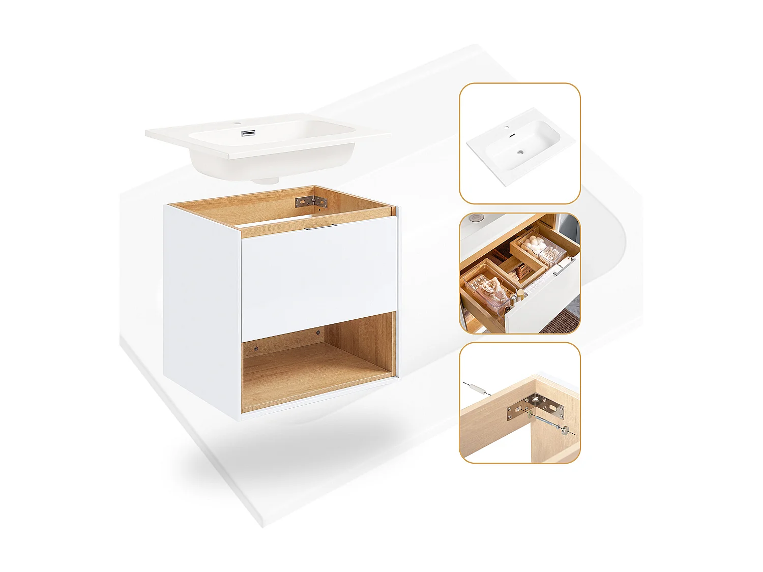 SoBuy Hangende wastafel Badkamerkast met wastafel Badkamermeubel met wastafel Keramische wastafelset, 1 lade en 1 vak, natuurlijk wit, 61x46x59cm, BZR171-N