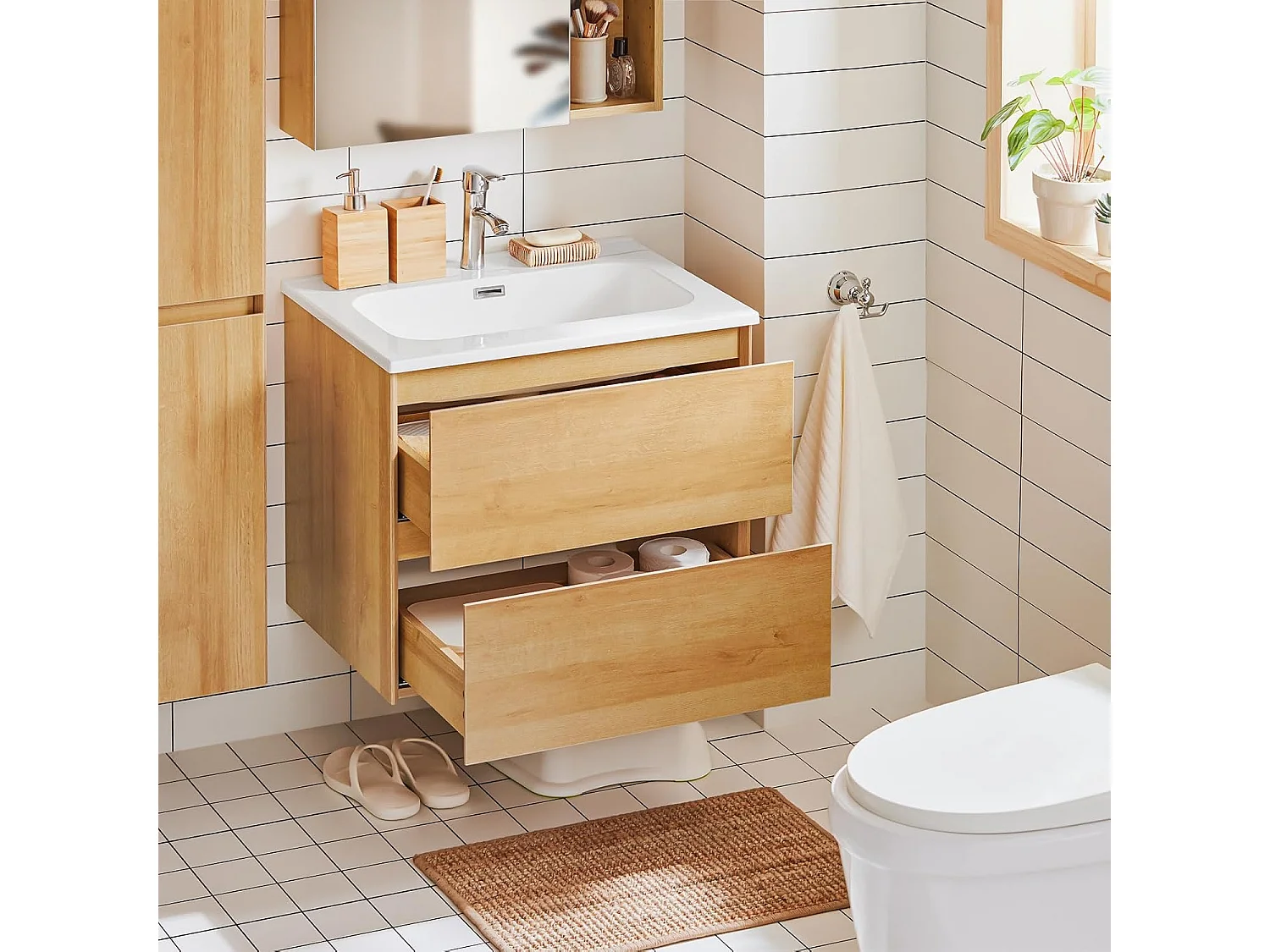 SoBuy Mobile base per lavabo con due cassetti Mobile da bagno Naturale 61x46x54cm BZR174-N