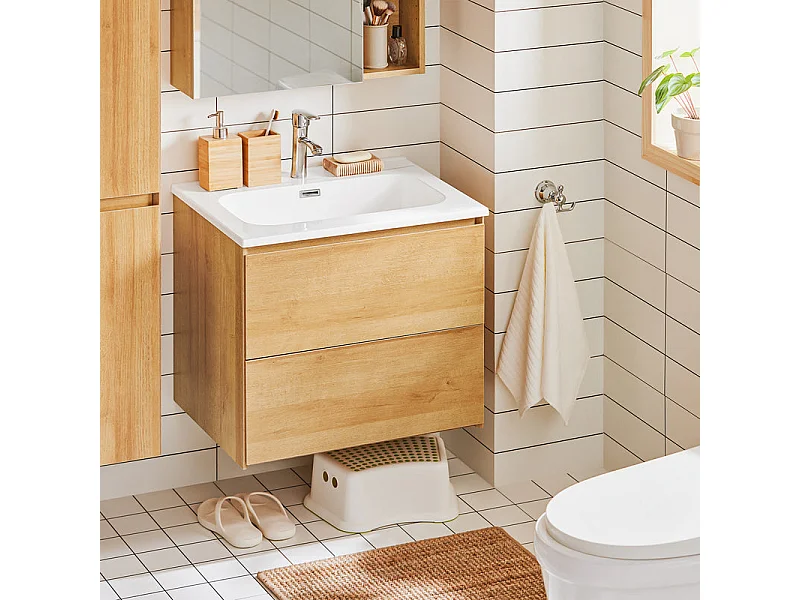 SoBuy BZR174-N Meuble Suspendu pour Lavabo Armoire de Salle de Bain avec Vasque Ensemble de Lavabo en céramique, 2 Tiroirs