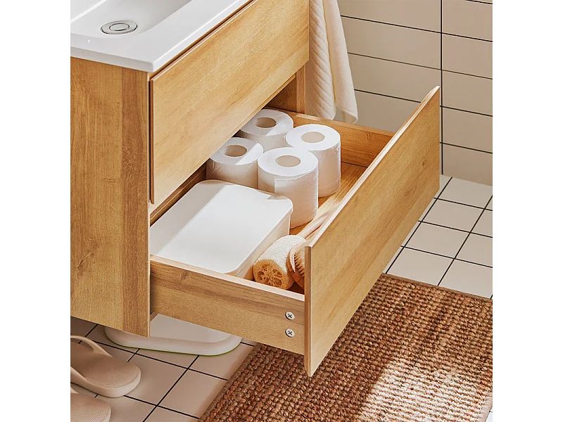 SoBuy BZR174-N Meuble Suspendu pour Lavabo Armoire de Salle de Bain avec Vasque Ensemble de Lavabo en céramique, 2 Tiroirs
