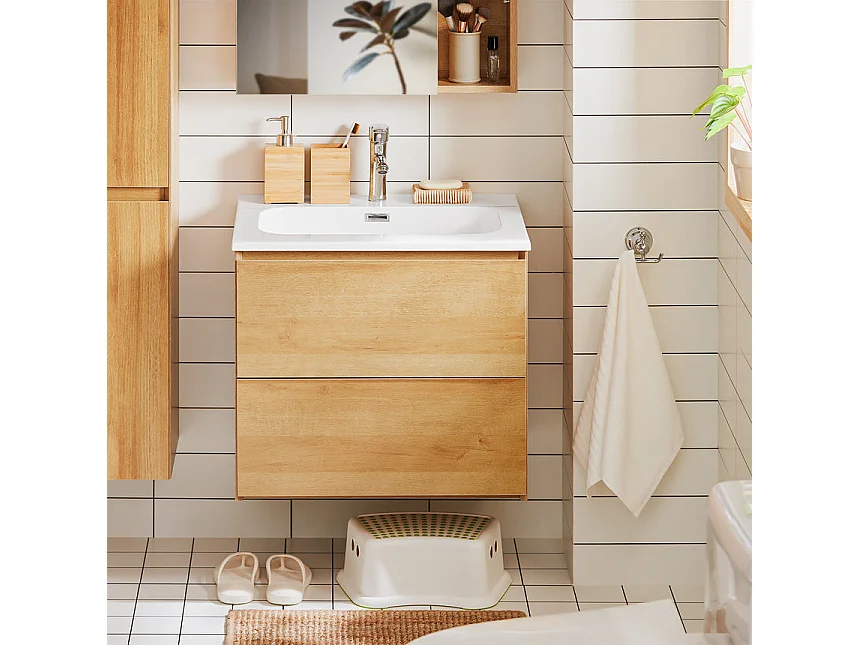 SoBuy BZR174-N Meuble Suspendu pour Lavabo Armoire de Salle de Bain avec Vasque Ensemble de Lavabo en céramique, 2 Tiroirs