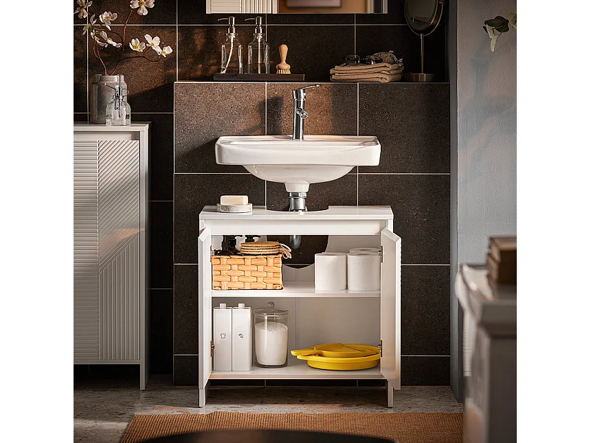 SoBuy BZR157-W Meuble Sous Lavabo, Meuble sous Vasque, Meuble Salle de Bain avec 2 Portes et 2 Étages, Placard de Rangement Salle de Bain, L60 x P30 x H61 cm, Blanc