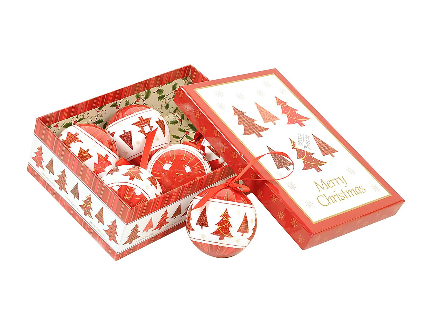 Dmora - Box 6 sfere natalizie, Diametro 7.5 cm, colore Bianco e Rosso