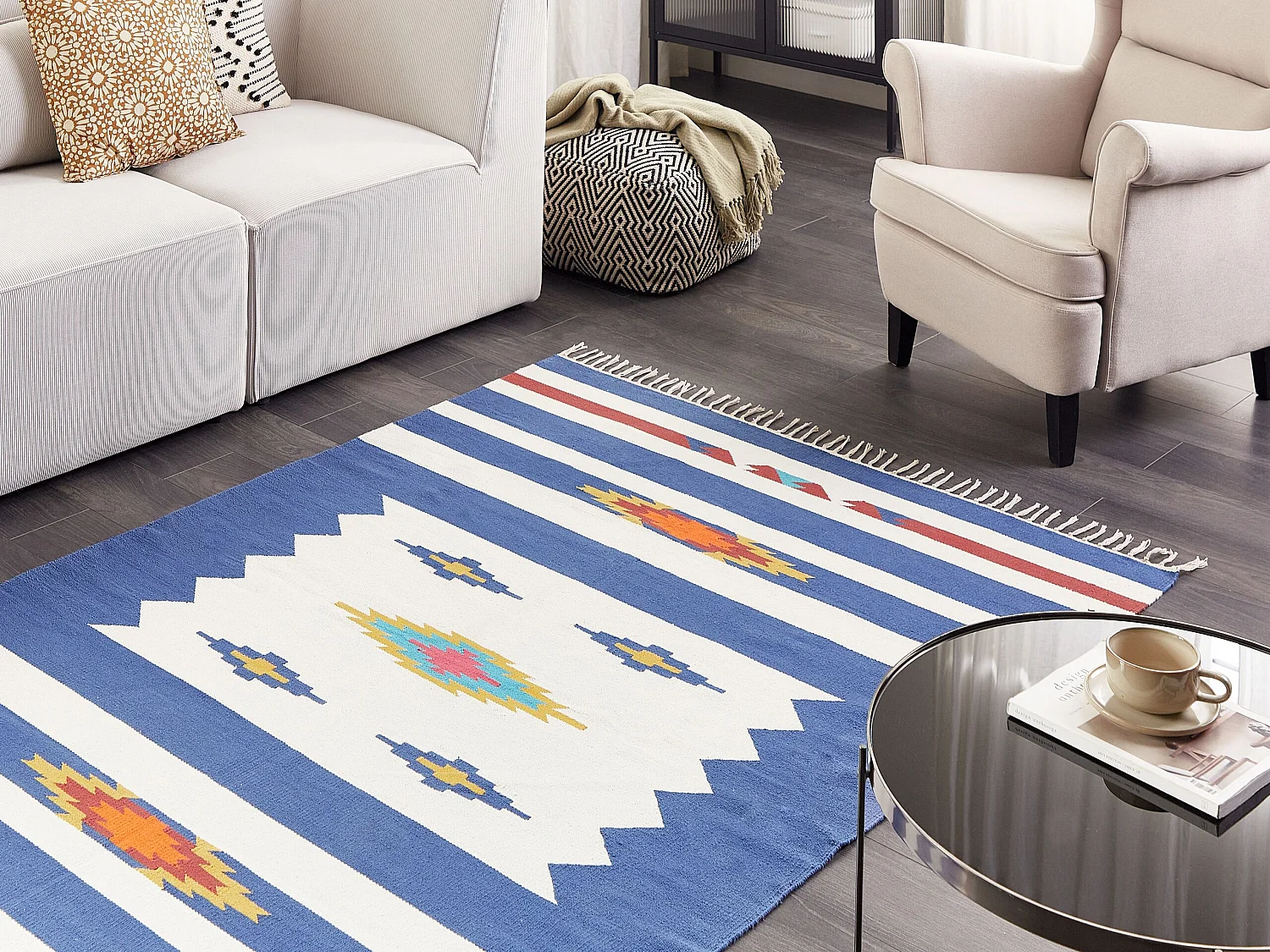 Alfombra kilim de algodón azul/blanco/rojo 140 x 200 cm VARSER