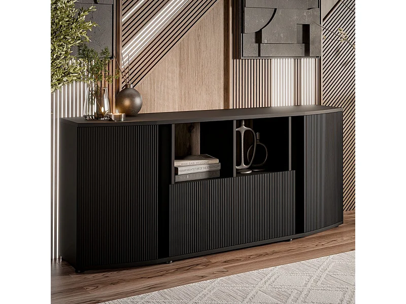Credenza bassa di design in nero con frontale arrotondato Looping