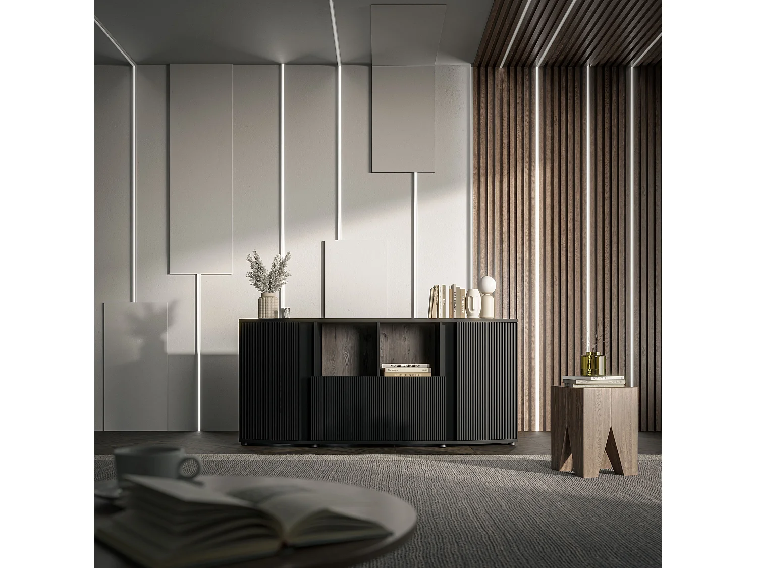 Buffet bas design noir avec façade arrondie Looping