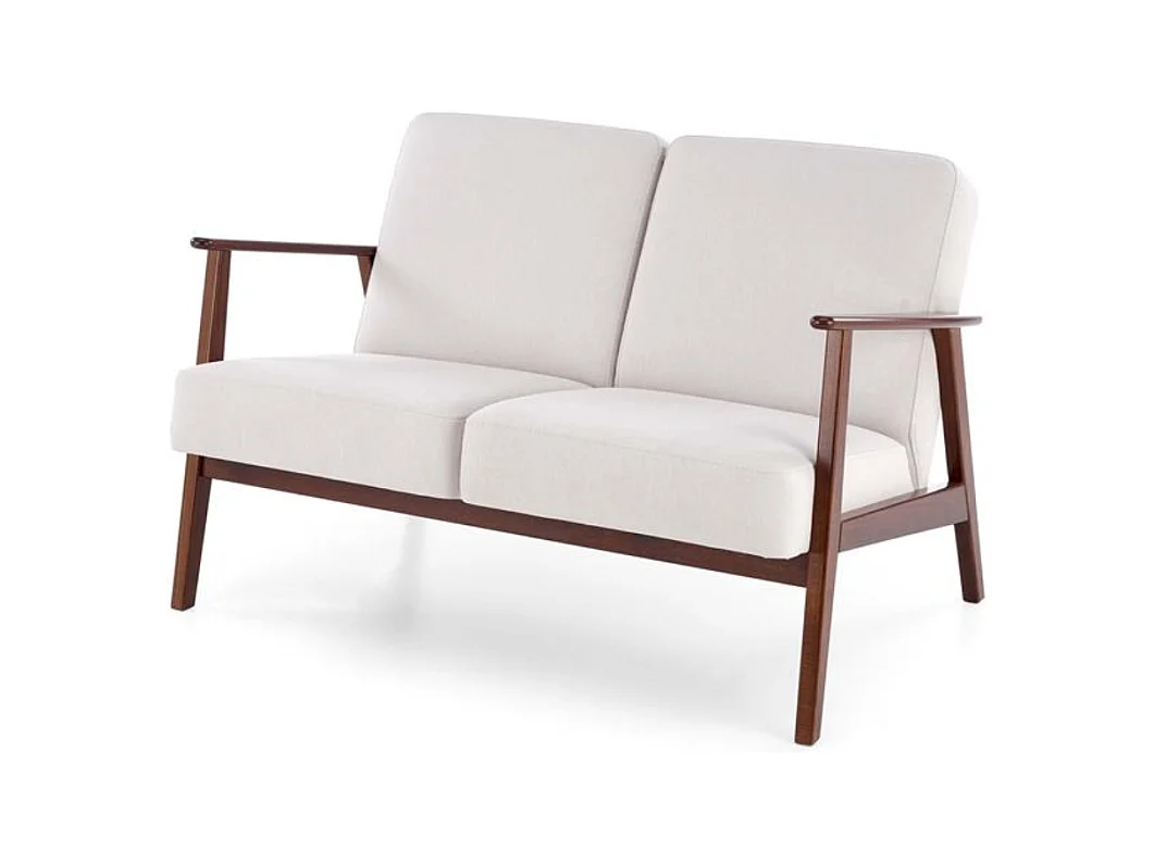 Canapé 2 places en tissu beige clair et pied en bois style retro Franky