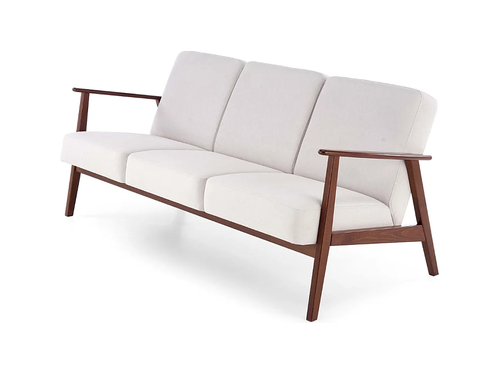 Canapé 3 places rétro en tissu beige clair et pied en bois Franky